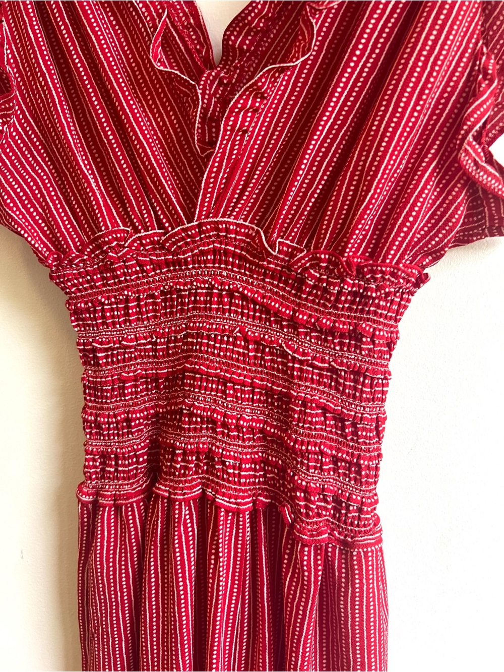 Max Studio Chic Boho Classy Red & White Striped Ruffle Jumpsuit - Picture 3 of 11